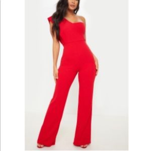 Red Drape One Shoulder Jumpsuit | Size 6